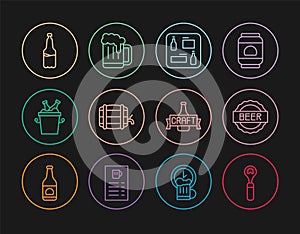Set line Bottle opener, cap with beer, Beer menu, Wooden barrel on rack, bottles in ice bucket, Plastic, and mug icon