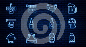 Set line Bottle opener, Happy hour, Beer helmet, Plastic beer bottle, Signboard with glass of, and Street signboard icon