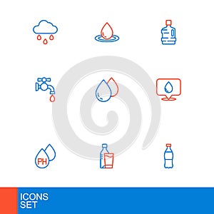 Set line Bottle of water, with glass, Water drop, location, tap, Big bottle clean and icon. Vector