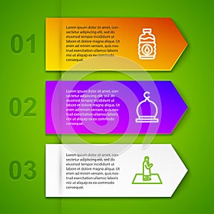 Set line Bottle of water, Muslim Mosque and man prays. Business infographic template. Vector