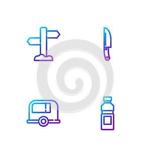 Set line Bottle of water, Rv Camping trailer, Road traffic signpost and Knife. Gradient color icons. Vector