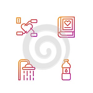 Set line Bottle of water, Shower head, Attention to health heart and Medical book. Gradient color icons. Vector