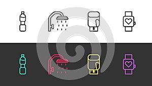 Set line Bottle of water, Shower head, Boxing glove and Smart watch on black and white. Vector
