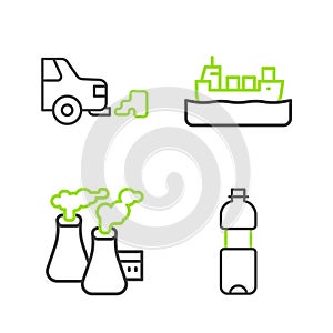 Set line Bottle of water, Smoke from factory, Oil tanker ship and Car exhaust icon. Vector