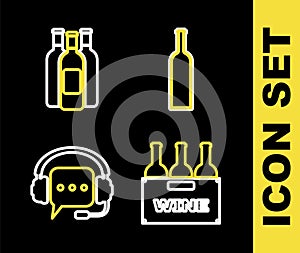 Set line Bottle of wine, Bottles box, Headphones with speech bubble and icon. Vector