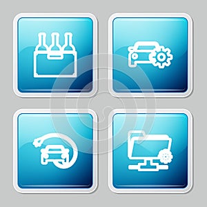 Set line Bottles of wine in box, Car service, Electric car and FTP settings folder icon. Vector