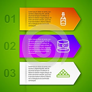 Set line Bottles of wine, Kepi, Louvre museum and Coffee shop. Business infographic template. Vector