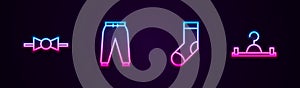 Set line Bow tie, Sport pants, Socks and Hanger wardrobe. Glowing neon icon. Vector