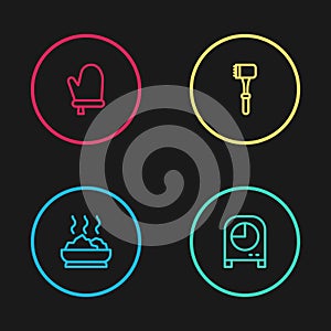 Set line Bowl of hot soup, Kitchen timer, hammer and Oven glove icon. Vector