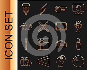 Set line Bowling ball, pin, Award cup, Billiard, Crossed billiard cues and, pocket and table icon. Vector