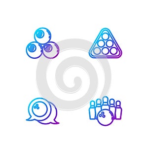 Set line Bowling pin and ball, , Billiard and balls rack triangle. Gradient color icons. Vector