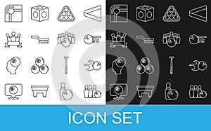 Set line Bowling pin and ball, Billiard balls rack triangle, Pool table brush, and icon. Vector