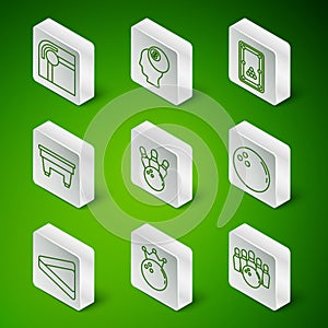 Set line Bowling pin and ball, Billiard table, triangle and icon. Vector