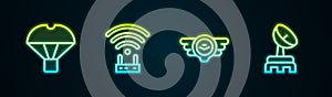 Set line Box flying on parachute, Router and wi-fi signal, Aviation emblem and Radar. Glowing neon icon. Vector