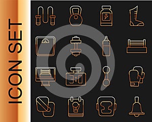 Set line Boxing bell, glove, ring, Energy drink, Dumbbell, Bathroom scales, Jump rope and Punching bag icon. Vector
