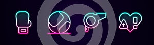 Set line Boxing glove, Baseball ball, Whistle and Heart rate. Glowing neon icon. Vector