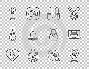 Set line Boxing glove, Jump rope, Stopwatch, Punching bag, bell, and ring icon. Vector