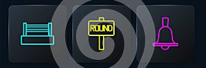 Set line Boxing ring, bell and board. Black square button. Vector