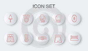 Set line Boxing ring, short, glove, Ringing bell, Medal, and belt icon. Vector