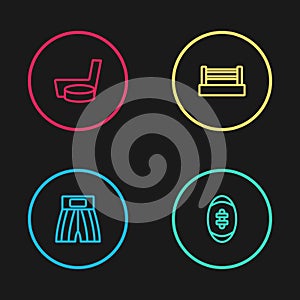 Set line Boxing short, American Football ball, ring and Ice hockey stick and puck icon. Vector