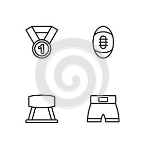 Set line Boxing short, Pommel horse, Medal and American Football ball icon. Vector