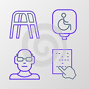 Set line Braille, Poor eyesight, Disabled wheelchair and Walker icon. Vector