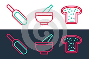 Set line Bread toast, Scoop flour and Mortar and pestle icon. Vector