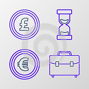 Set line Briefcase, Coin money with euro symbol, Old hourglass flowing sand and pound sterling icon. Vector