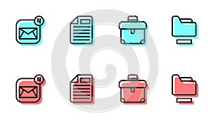Set line Briefcase, Envelope, File document and Document folder icon. Vector