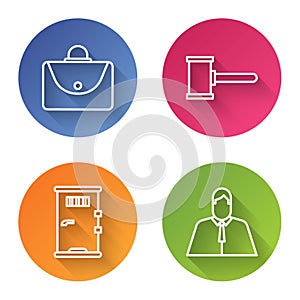 Set line Briefcase, Judge gavel, Prison cell door and Lawyer, attorney, jurist. Color circle button. Vector photo