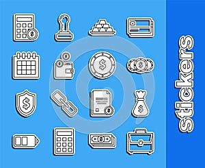 Set line Briefcase, Money bag, Coin money with dollar symbol, Gold bars, Wallet coins, Calendar, Calculator and icon