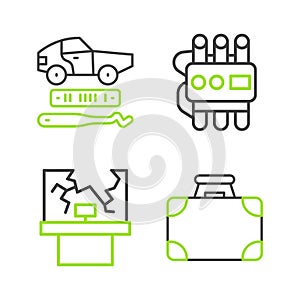 Set line Briefcase and money, Broken window, Dynamite timer clock and Car theft icon. Vector