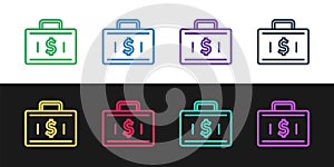 Set line Briefcase and money icon isolated on black and white background. Business case sign. Business portfolio