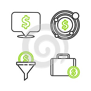 Set line Briefcase and money, Lead management, Target with dollar symbol and Speech bubble icon. Vector