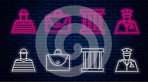 Set line Briefcase, Prison window, Prisoner and Police officer. Glowing neon icon on brick wall. Vector