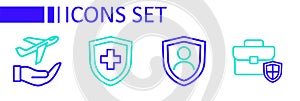 Set line Briefcase with shield, Life insurance, and Plane hand icon. Vector