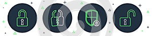Set line Broken or cracked lock, Shield security with, Open padlock and icon. Vector