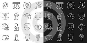 Set line Broken heart or divorce, Comedy theatrical mask, Psychology, Psi, Helping hand, Anger and Tear cry eye icon
