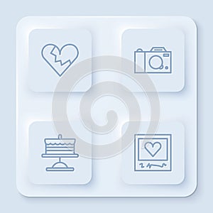 Set line Broken heart or divorce, Photo camera, Cake on plate and frames and hearts. White square button. Vector
