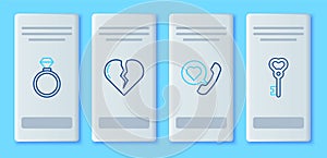 Set line Broken heart or divorce, Telephone with speech bubble, Wedding rings and Key shape icon. Vector