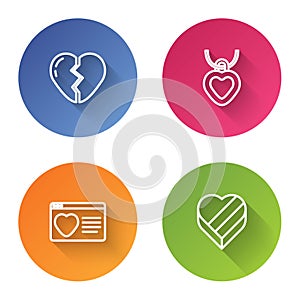 Set line Broken heart, Necklace with shaped, Dating app online and Candy box. Color circle button. Vector
