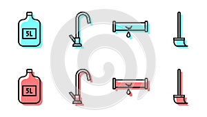 Set line Broken pipe with leaking water, Big bottle with clean water, Water tap and Mop icon. Vector