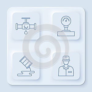 Set line Broken pipe with leaking water, Gauge scale, Barrel oil leak and Oilman. White square button. Vector