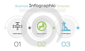 Set line Broken pipe with leaking water, No Smoking and Oil pump or pump jack. Business infographic template. Vector