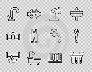 Set line Broken pipe, Water filter, tap, Bathtub, Work overalls, Test tube with water drop and Wrench spanner icon