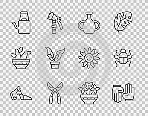Set line Broken pot, Rubber gloves, Vase, Gardening handmade scissors, Watering can, Plant, Flower vase and Beetle bug
