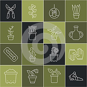 Set line Broken pot, Rubber gloves, Vase, Plant in hanging, Exotic tropical plant, Gardening handmade scissors and icon