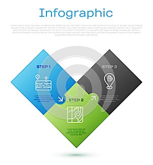 Set line Broken road, Alcohol or beer bar location and City map navigation. Business infographic template. Vector