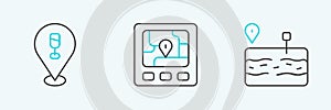 Set line Broken road, Alcohol or beer bar location and Gps device with map icon. Vector