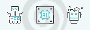 Set line Broken robot, Robot and Processor with microcircuits CPU icon. Vector